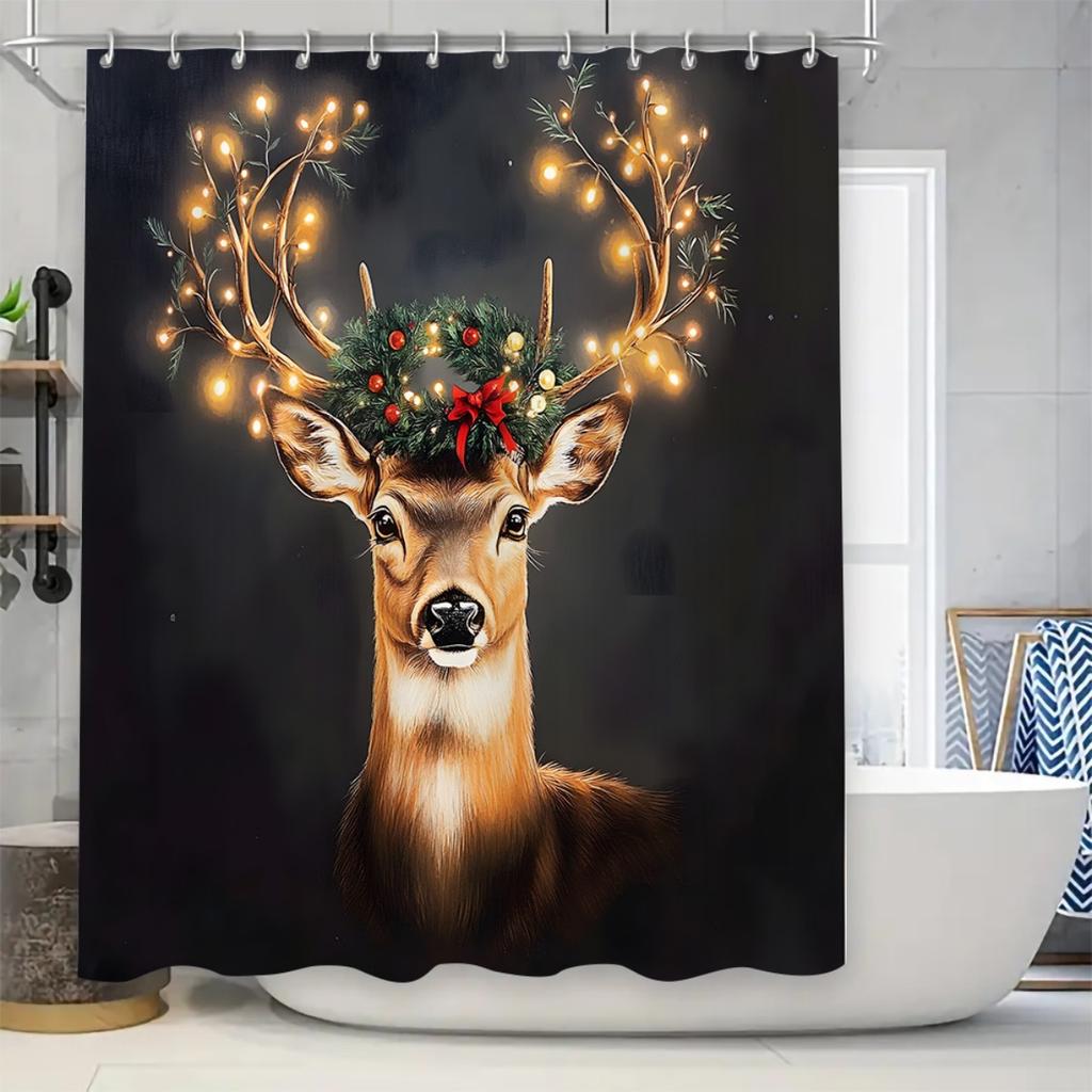 4Pcs Christmas Deer . Shower Curtain Set with Non-Slip Bath Mat, Toilet Lid Cover, Contour Rug & 12 Hooks, Bathroom Decor
