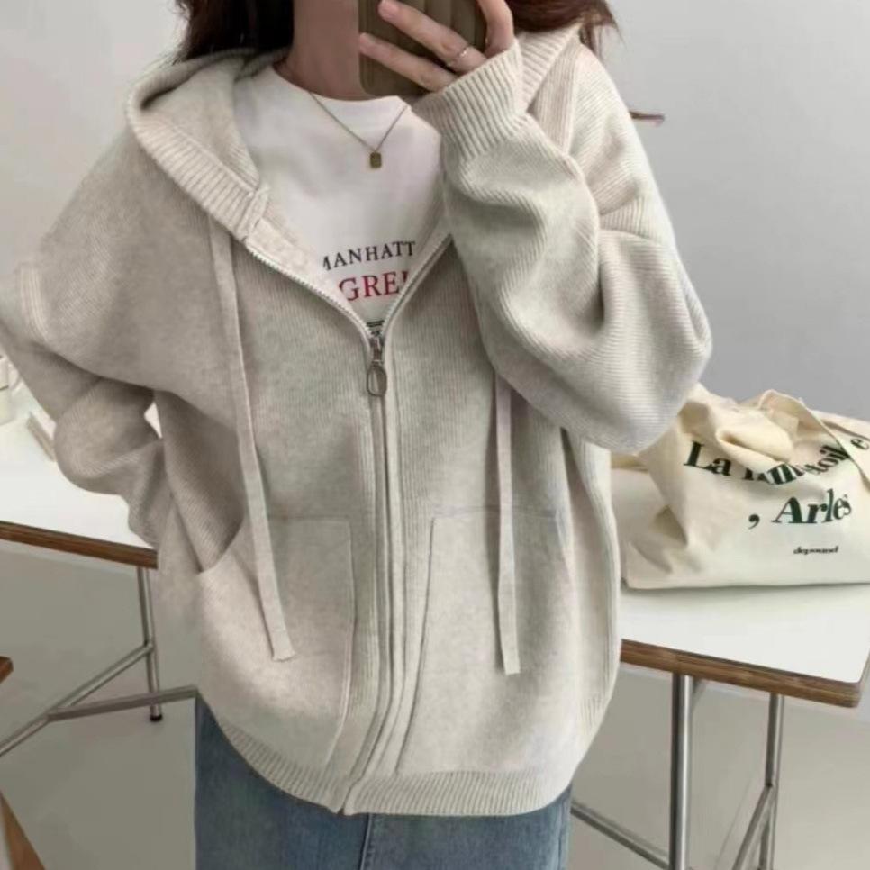 

Осенний женский свитер, пальто, застежка-молния, вязаный базовый модный кардиган с длинным рукавом, свободное повседневное пальто One Size светло-серый