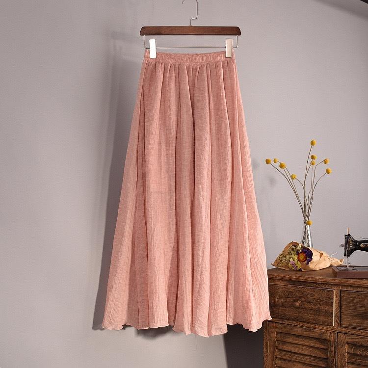 Women Summer Solid Vintage Pleated Long Skirts Ladies Elastic Waist Beach A-Line Skirt