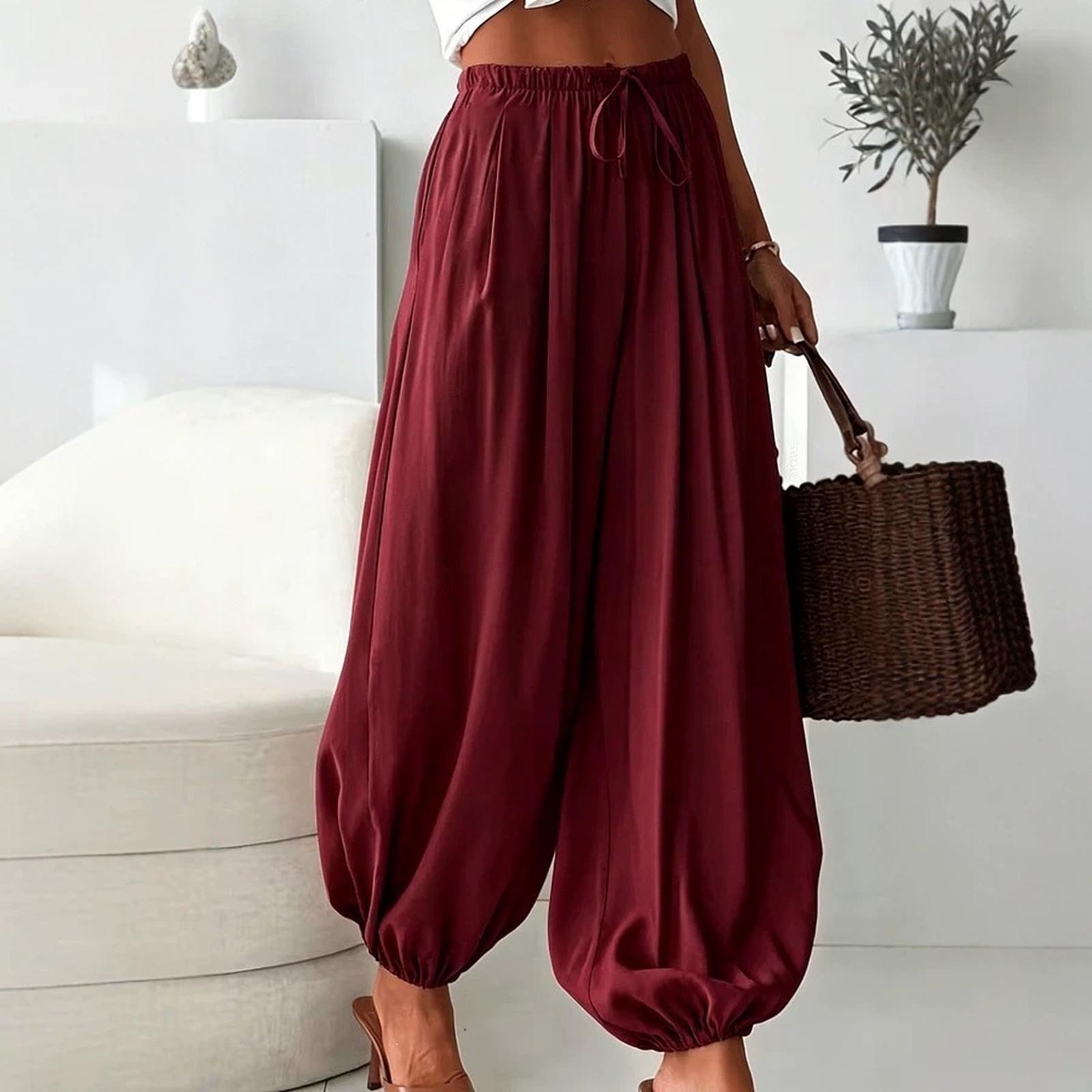 Damen Jogginghose mit elastischem Bund Lockerer Schnitt Leichte Haremshose mit Kordelzug Lässiger Sommer-Look Entspannter Stil Lange Hose M weinrot