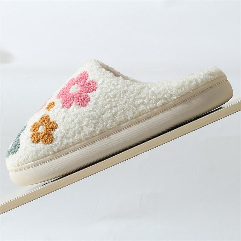 Fashion Round Toe Floral Cotton Slippers Women Winter Faux Fur Warm Slides Woman Comfortable Soft Insoles Non Slip Plush Shoes Ladies