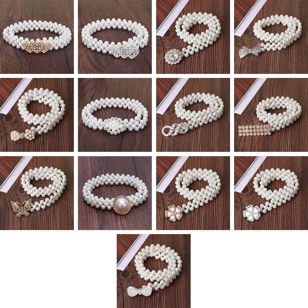 Ladies' Elastic Rhinestone Waist Chain Thin Drawstring Belt Fashion Pearl Waist Belt  For Women