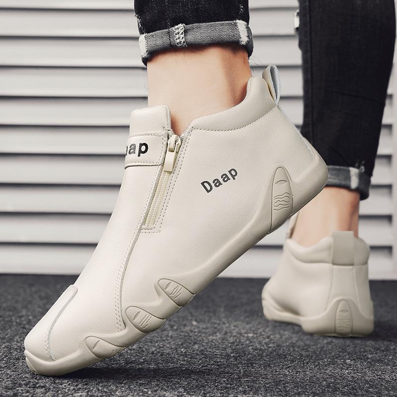 Men's Lightweight Leather Slip-On Sport Shoes, Spring/Autumn, Zipper Design, Fashion Trend