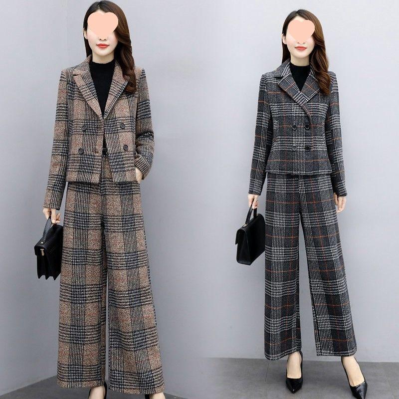 Women's Plus Size Wool Suit: Autumn/Winter 2025, Two-Piece Set with High-Waist Wide-Leg Pants