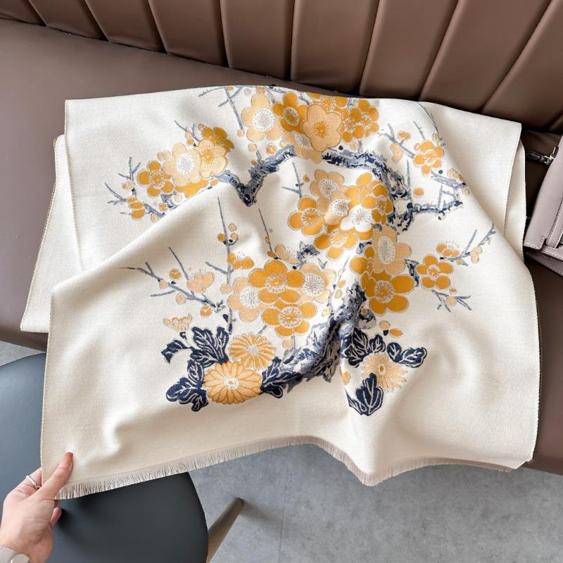 Premium plum blossom scarf women's imitation cashmere office air-conditioned room shawl with winter mother's gift scarf