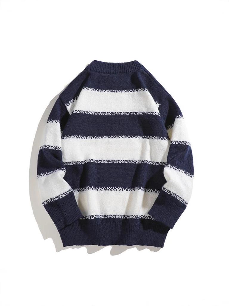 Men's Japanese Casual Striped Knit Pullover - 2025 Autumn/Winter Long Sleeve Round Neck Sweater