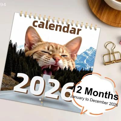 2026 Katt-tema Väggkalender Rolig Kattbild med Bergsväg Perfekt för Gåvor & att Lägga till Glädje i Ditt Utrymme