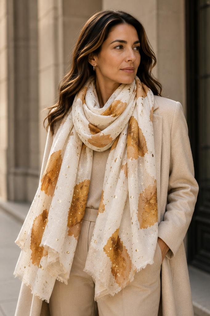 White Scarf with Caramel Spots and Gold Shimmer - Cotton and Viscose, 180x90