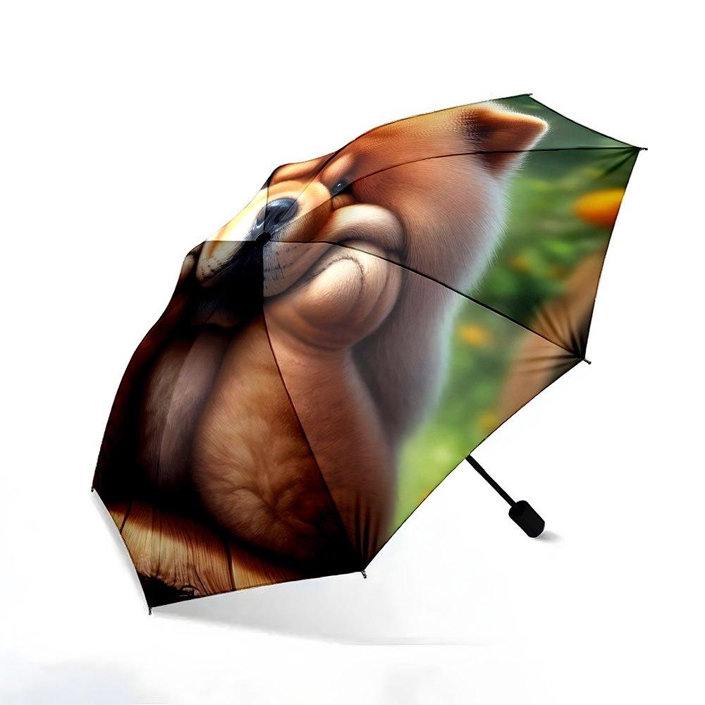 Chow Chow Dog Face Umbrella - Automatic Open/Close, 8-Rib Compact Folding Umbrella with Fluffy Chow Chow Portrait, Cute Brown