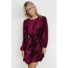 Crushed Velvet Long Sleeve Mini Dress Round Neck Tie Waist Loose Fit Pleated Short Dress for Fall Winter Office Party Casual Evening