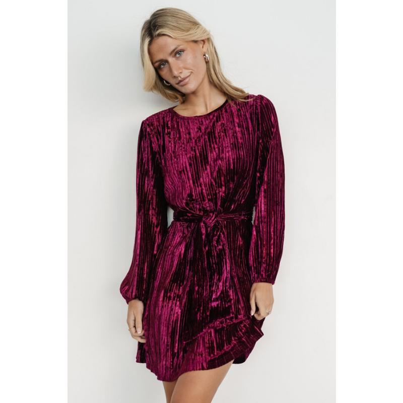 Crushed Velvet Long Sleeve Mini Dress Round Neck Tie Waist Loose Fit Pleated Short Dress for Fall Winter Office Party Casual Evening
