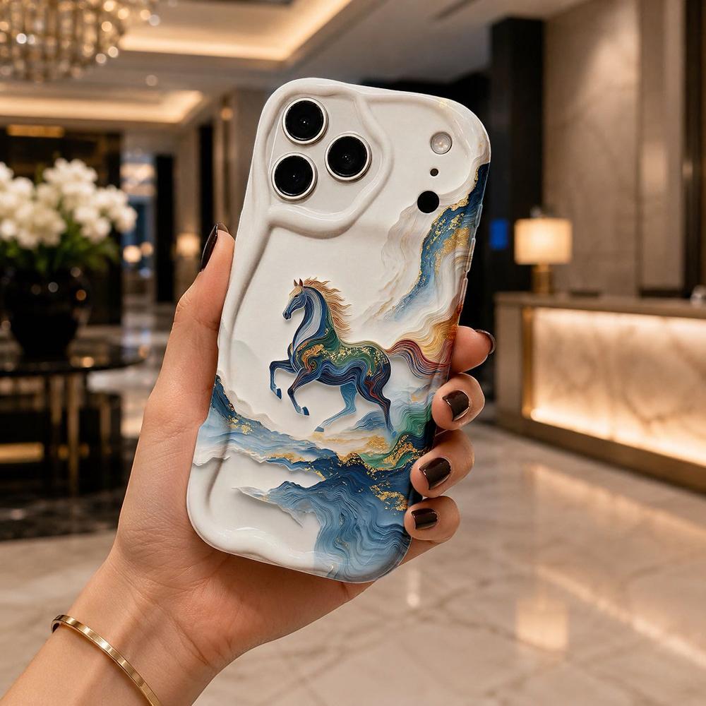 Chinese Style Golden Landscape Running Horse Wavy Edge Phone Case For iPhone 16 15 14 Pro Max 13 12 11 Mini XR XS SE 2020 17