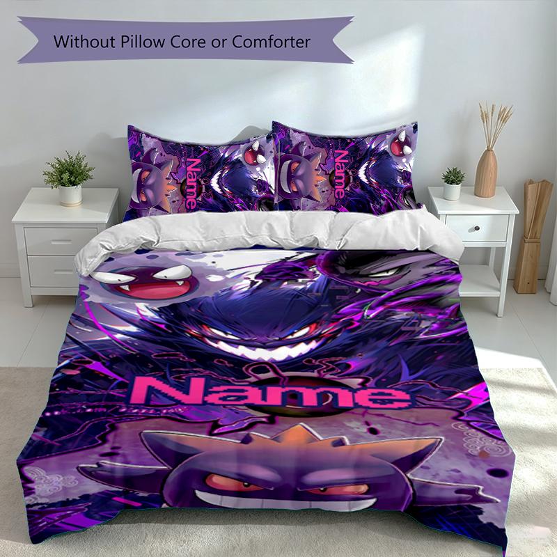 3pcs Custom Name Pokémon Gengar Bedding Set,Includes 1 Duvet Cover and 2 Pillowcases,All-season Bedroom Decor