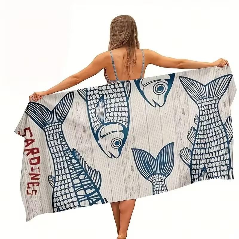 Vintage Sardines Fish Print Beach Towel Microfiber Quick Dry Absorbent Sand-Free Summer Pool Bath Towel for Beach Lovers