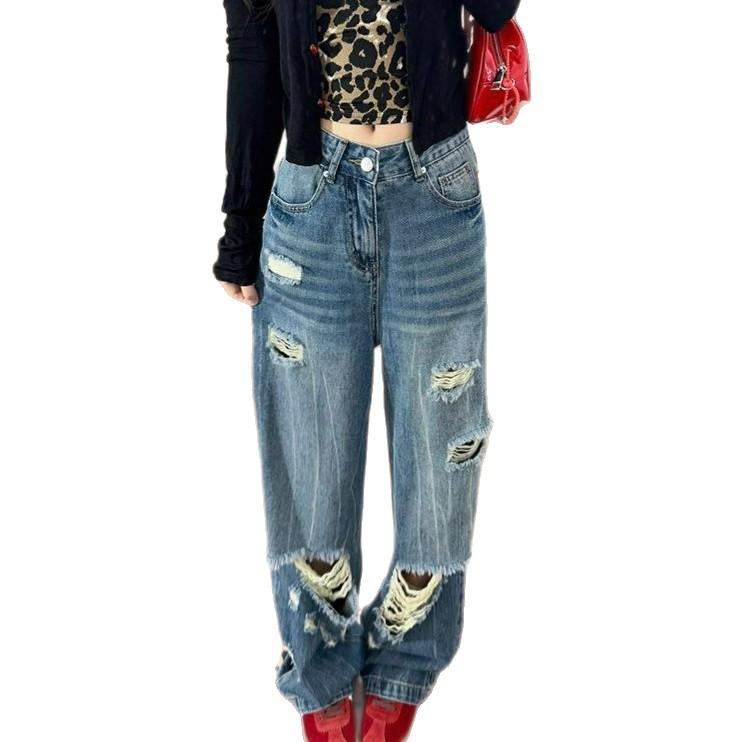 Comfortable Broken Jeans Women's High-waisted Big Yards Loose Thin Pear-shaped Figure Wide-legged Trousers Jeans for Women Long Denim Pants