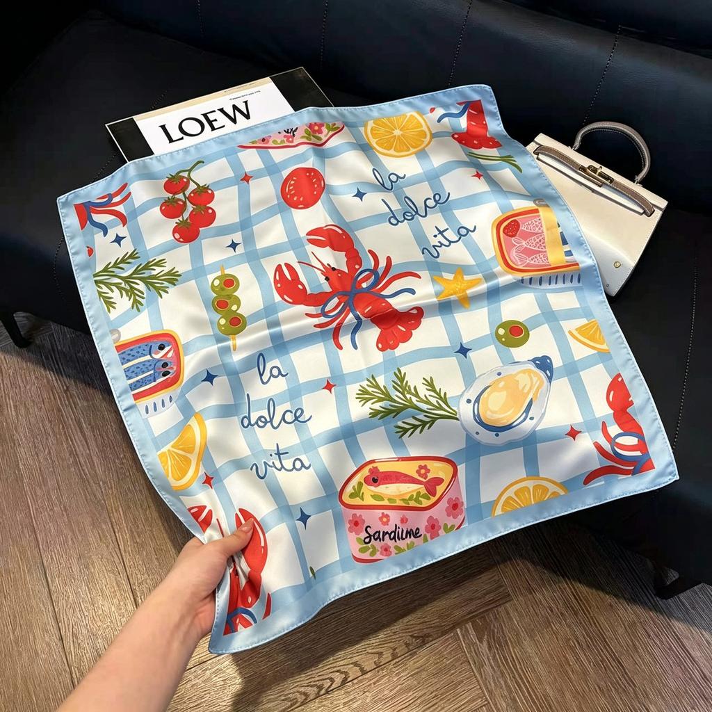 Sen green flower print fresh imitation silk scarf premium versatile square scarf neck protection scarf trendy headscarf scarf women