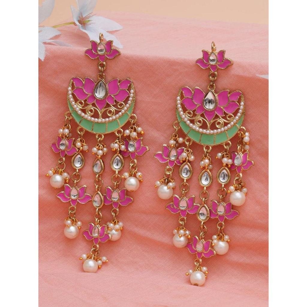 Pink Meena Lotus Design Kundan Dangler Earrings for Women
