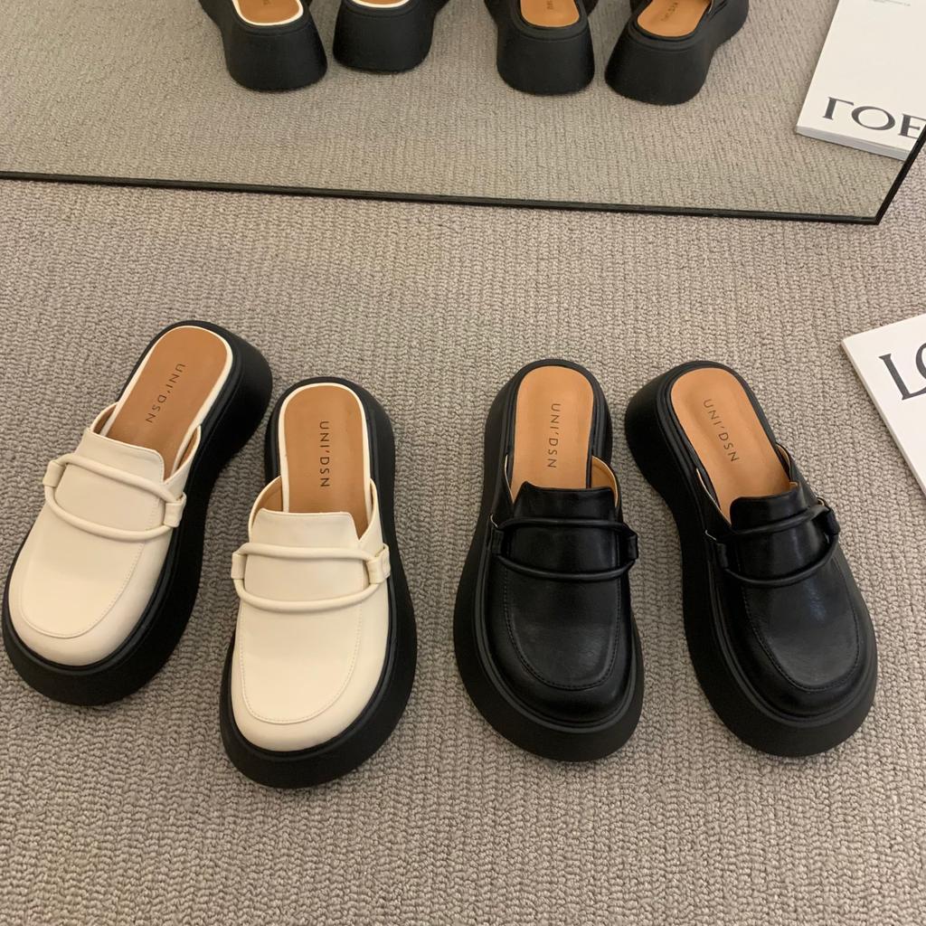 Fashion Women Slippers British Style Mules Heighten Sandals PU Leather Women's Thick Bottom Sole Half Slippers Summer Female Loafers