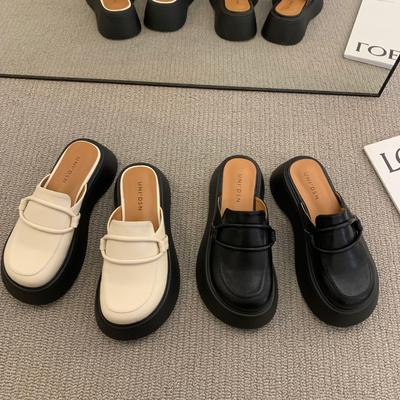 Damen Hausschuhe im britischen Stil, Pantoletten, erhöhte Sandalen aus PU-Leder, dicke Sohle, Halbschuhe für den Sommer, Damen-Loafer