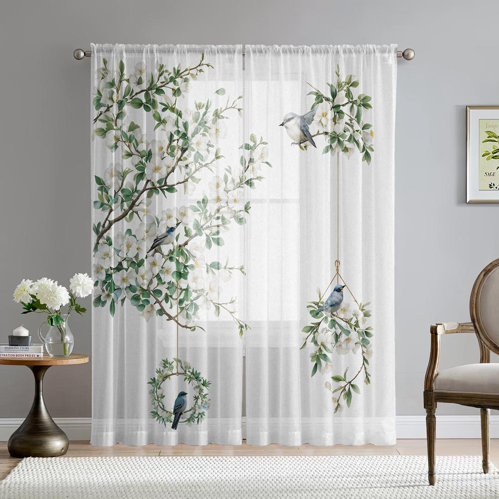 2 Pieces HD Digital Magpie Magnolia Flower Landscape Printed Window Screen Home Decorating Style Decorative Living Room Bedroom