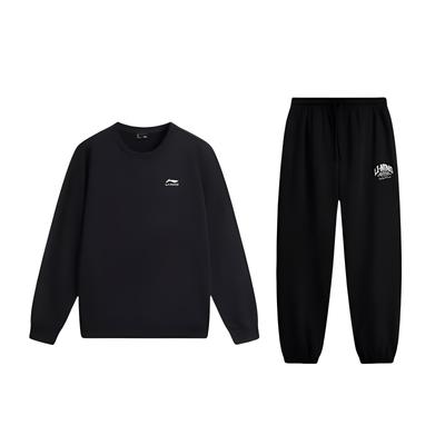Li Ning Minimalist Letter Round Neck Loose Fit Drop Shoulder Long Sleeve Mid Waist Tied Long Pants Casual Sports Suit Unisex Suit AWDVE53-2+AKLU939-4