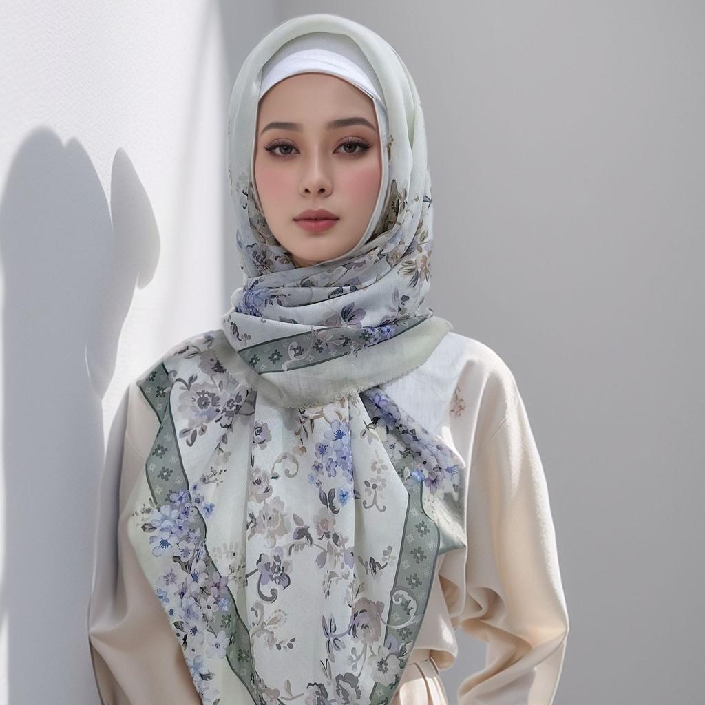 48Colors Malaysia Tudung Bawal Flower Print Hijab Laser Cut Edge Headscarf Premium Cotton Voile Soft Fashion Muslim Square Scarf