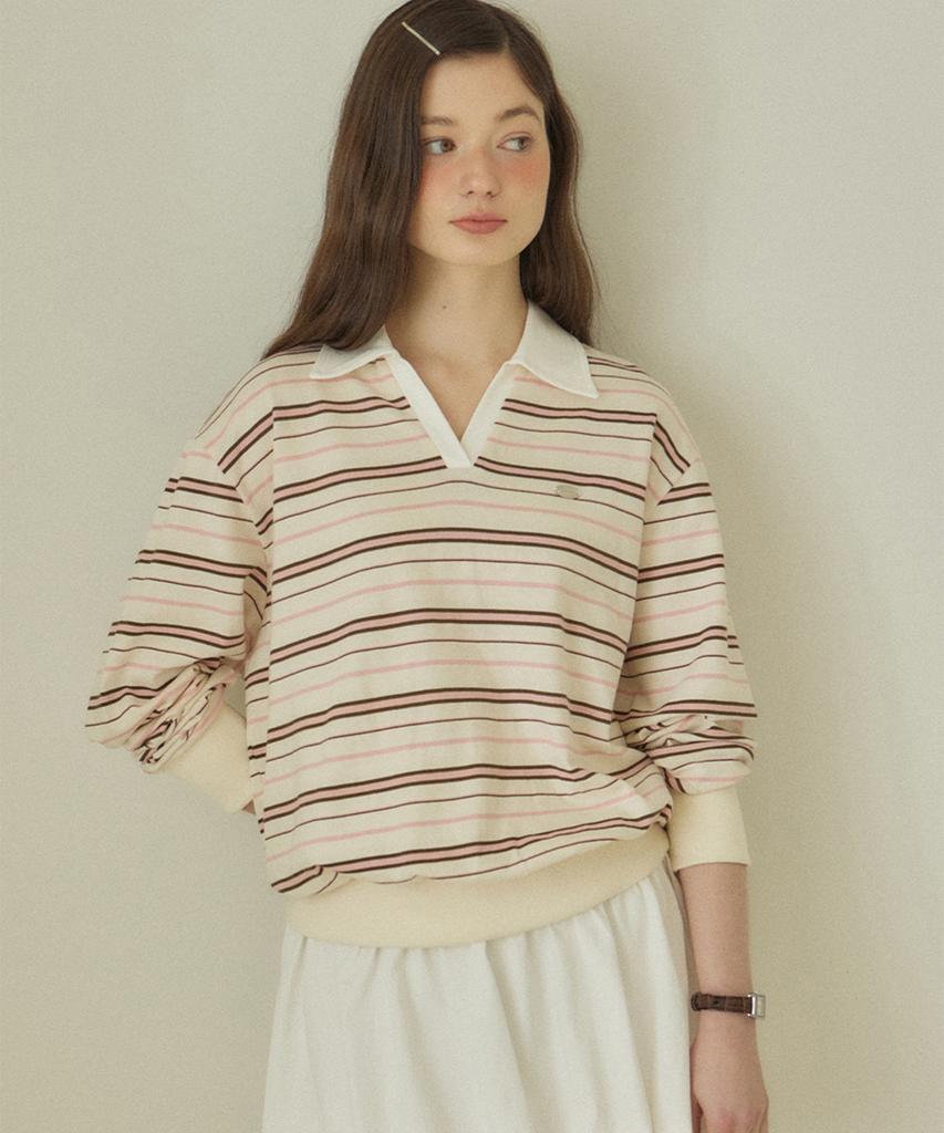 OURHOPE Striped Logo Collar Sweatshirt - Ivory