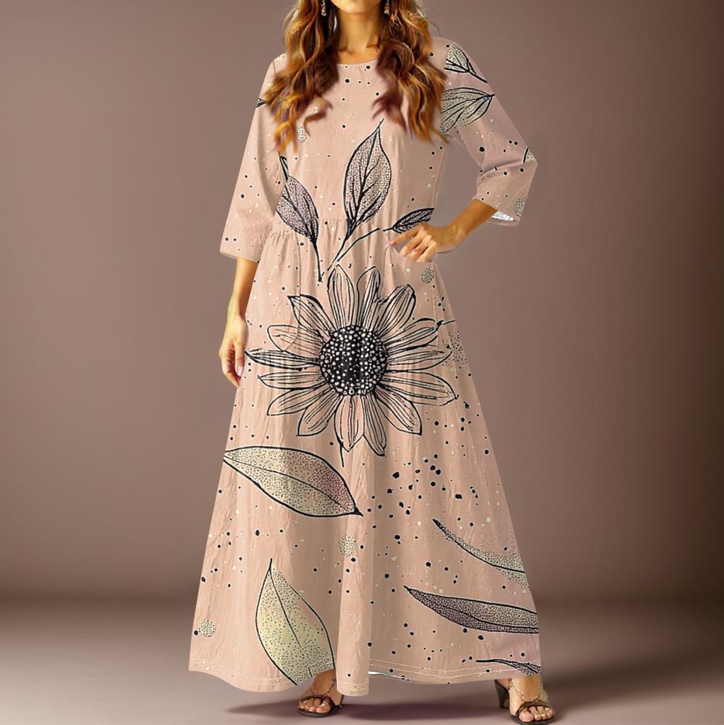 Women's Casual Fashion Vintage Floral Print Three-quarter Sleeve Long Dress With Pockets