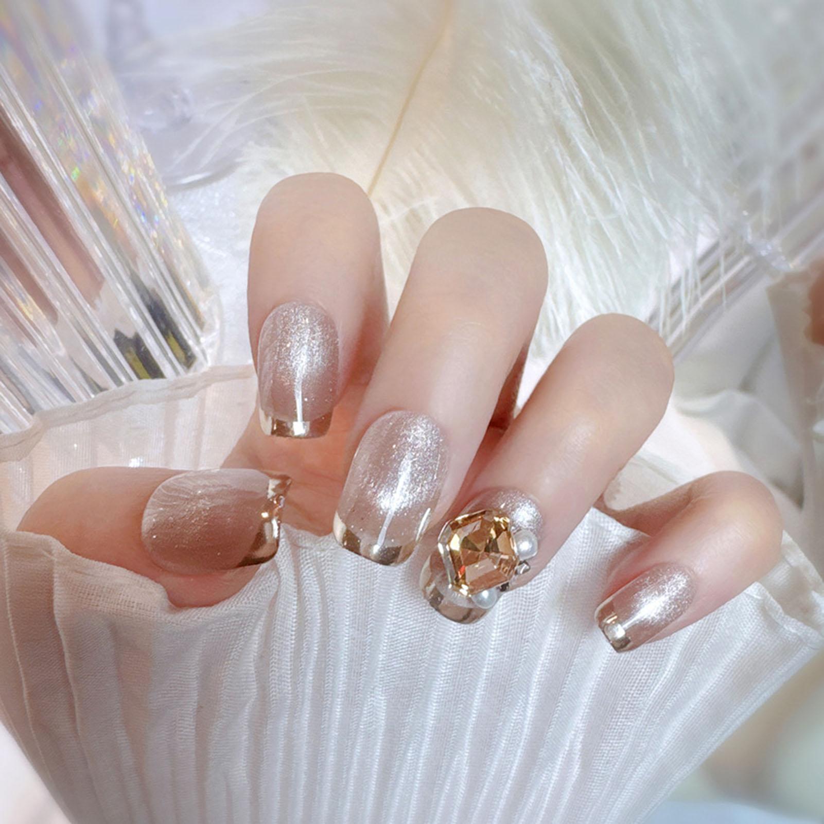 Flash Cat Eye Fake Nails with Gold Tip Sweet & Charming Reusable False Nails for Stage Performance Wear A_M жемчужный