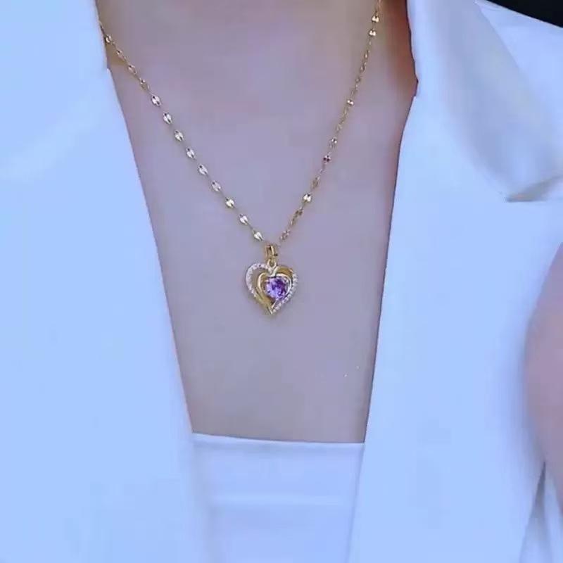 Purple Love Necklace Women'S Light Luxury Versatile Micro-Inlaid Zircon Heart-Shaped Clavicle Chain