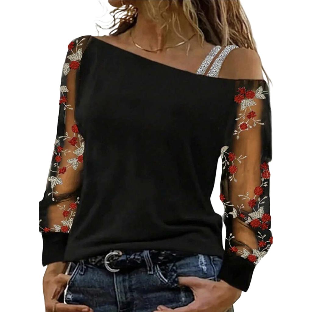 Women's Off,shoulder Mesh Long,sleeved Top With A One,shoulder Design