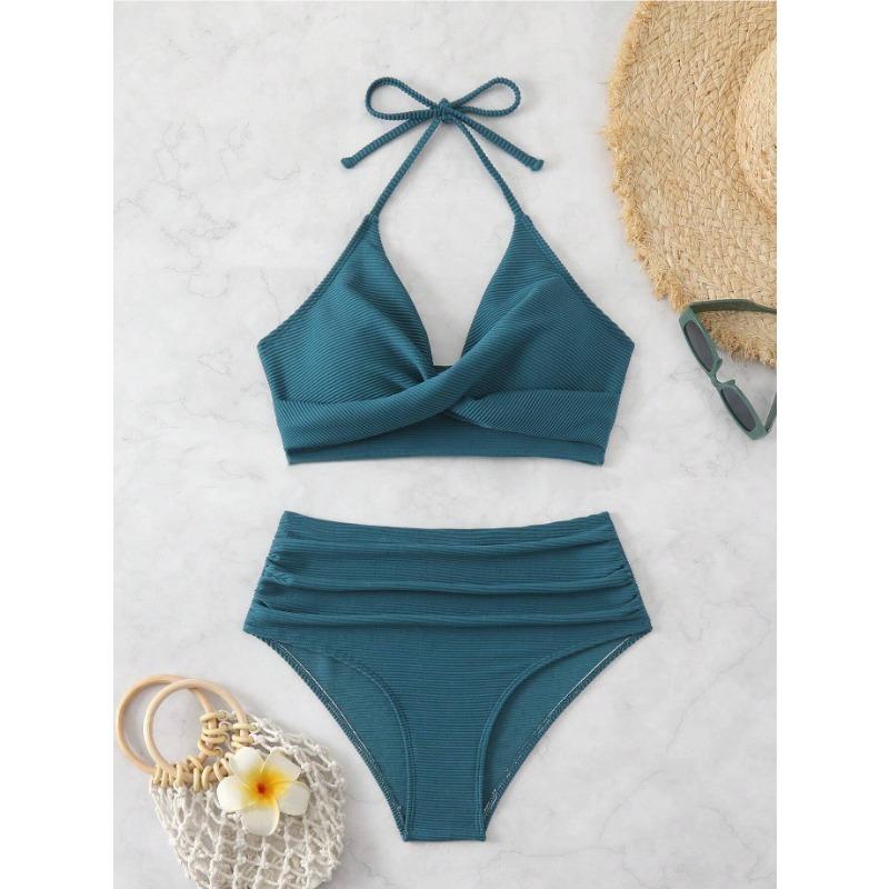 Black Ribbed Twist Front High Waist Bikini Set Halter Two Piece Swimsuit