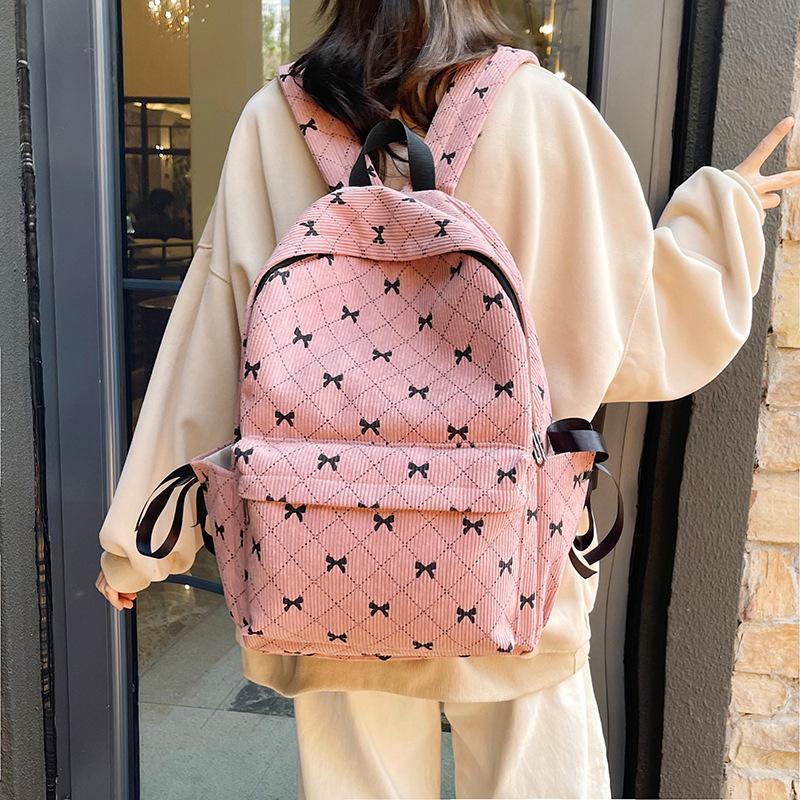 Large Capacity Student Backpack Schoolbag New Versatile Autumn and Winter Striped Velvet Fresh Bow Backpack Backpack