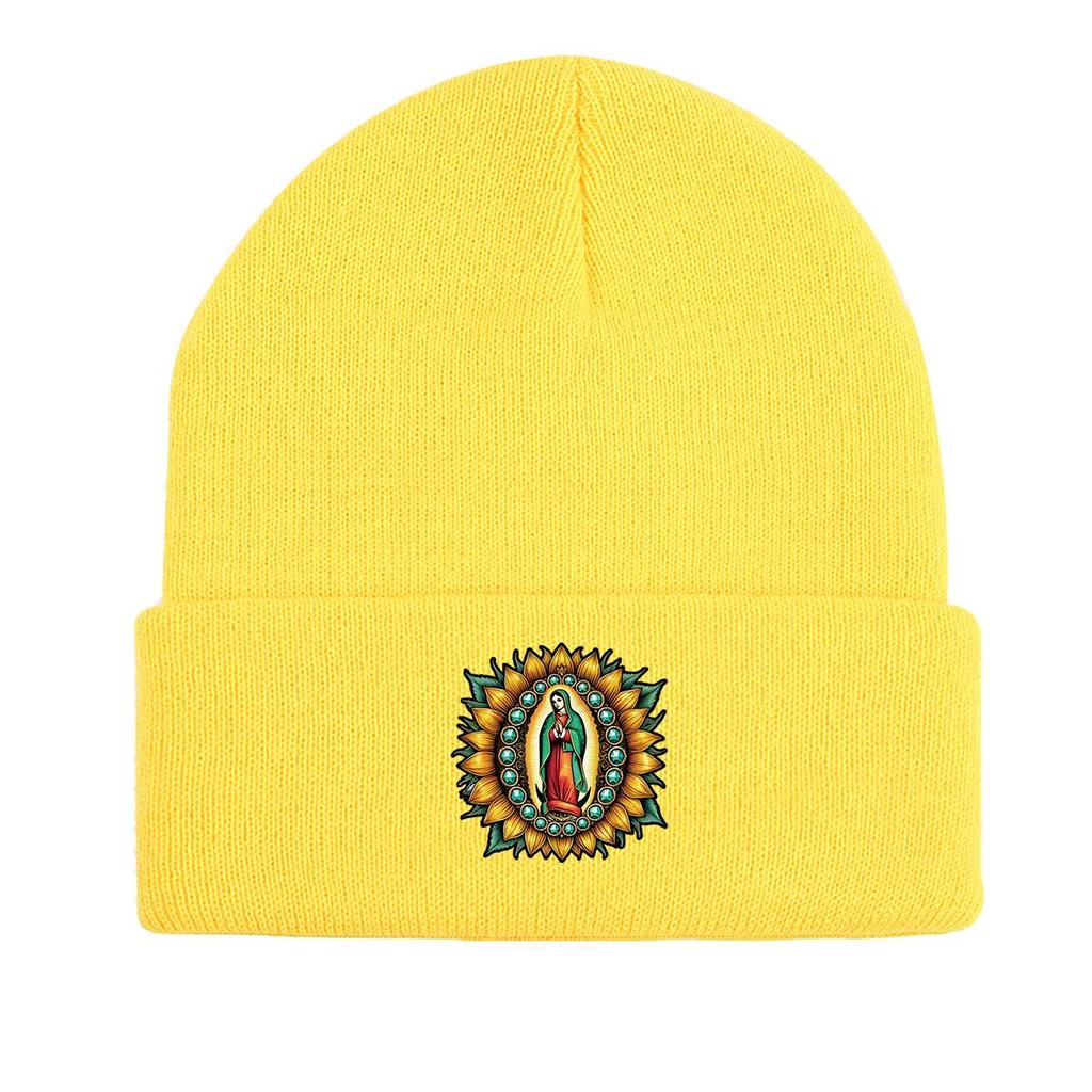 The Virgin Mary Sunflower Warm Knitted Hat Beanie, Woman Cap Cancer Chemo Cuff Solid Pompom Beanies Knit Cap Beanie