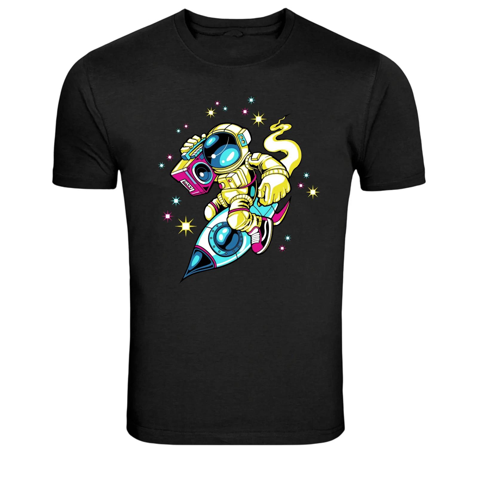 Astronaut Riding Rocket With Boombox Retro Space Graphic T-Shirt XXXL