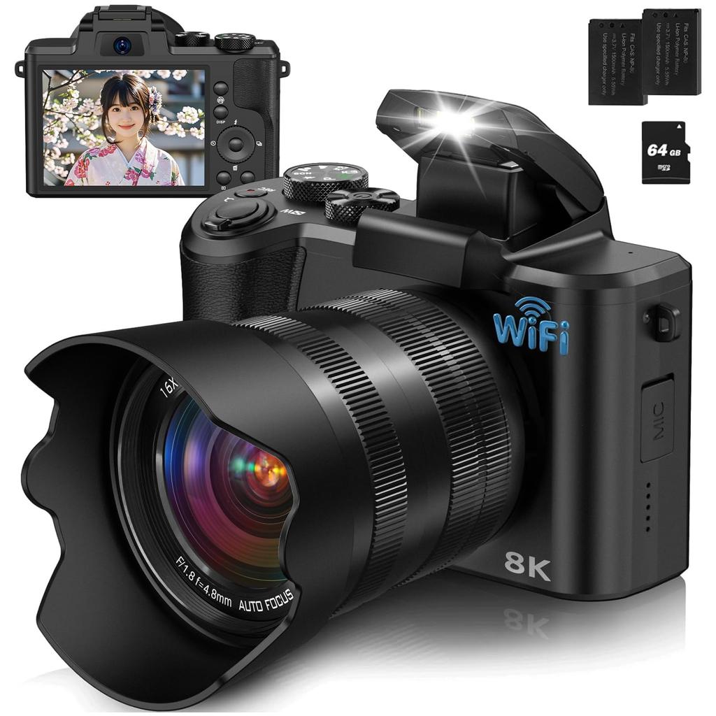 Cámara Digital YOODEE 8K WIFI con Smartphone 88MP CMOS Dual 48MP Tarjeta MicroSD de 64GB Imagen 16X 2 Tarjetas Correa para el Cuello Grande Negro Oscuro Sincronización, Pantalla Táctil,
