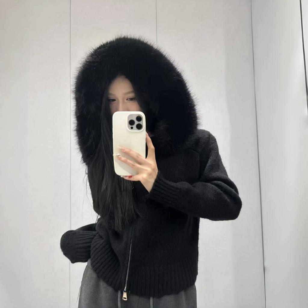 Autumn Winter Casual Hooded Fur Collar Short Knitted Jacket Women's Coat