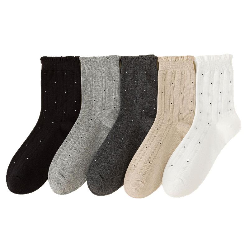 Polka Dot Socks for Women's Autumn and Winter Mid-calf Socks, Fresh Black Fungus Edge Pile Socks, Lace Versatile Socks