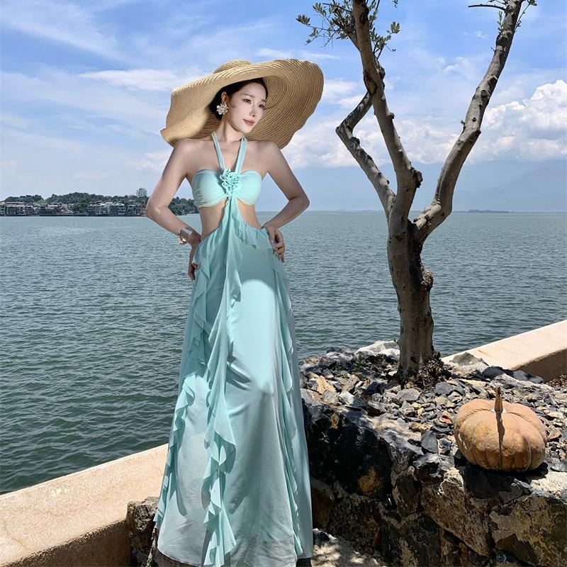 Neck Tube Top Ruffle Leaf Edge Halter Dress Women's Summer New Seaside Vacation Beach Dress