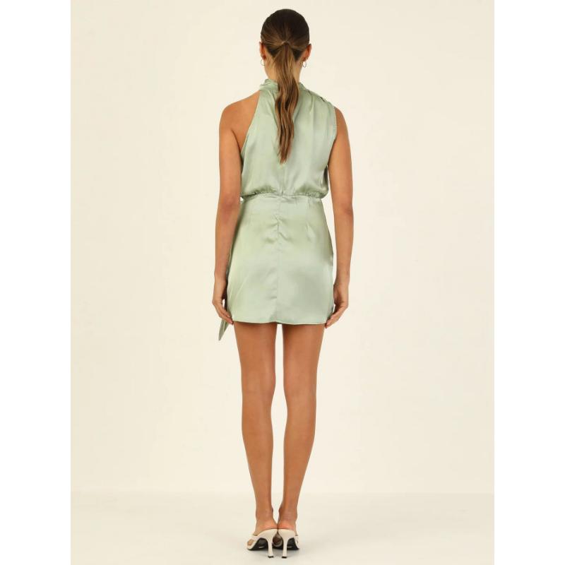 Women's Spring Summer Formal Satin Mini Dress High Neck Sleeveless Knot Waist Cocktail Party Bodycon Dress