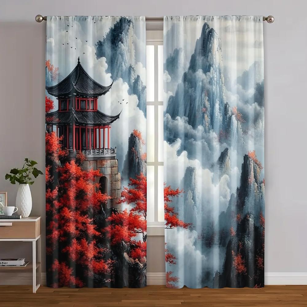 2pcs, Window Curtain 2D Print Glam Style Japanese Landscape Printed 100% Polyester (without Rod) Art Deco Festive for Living