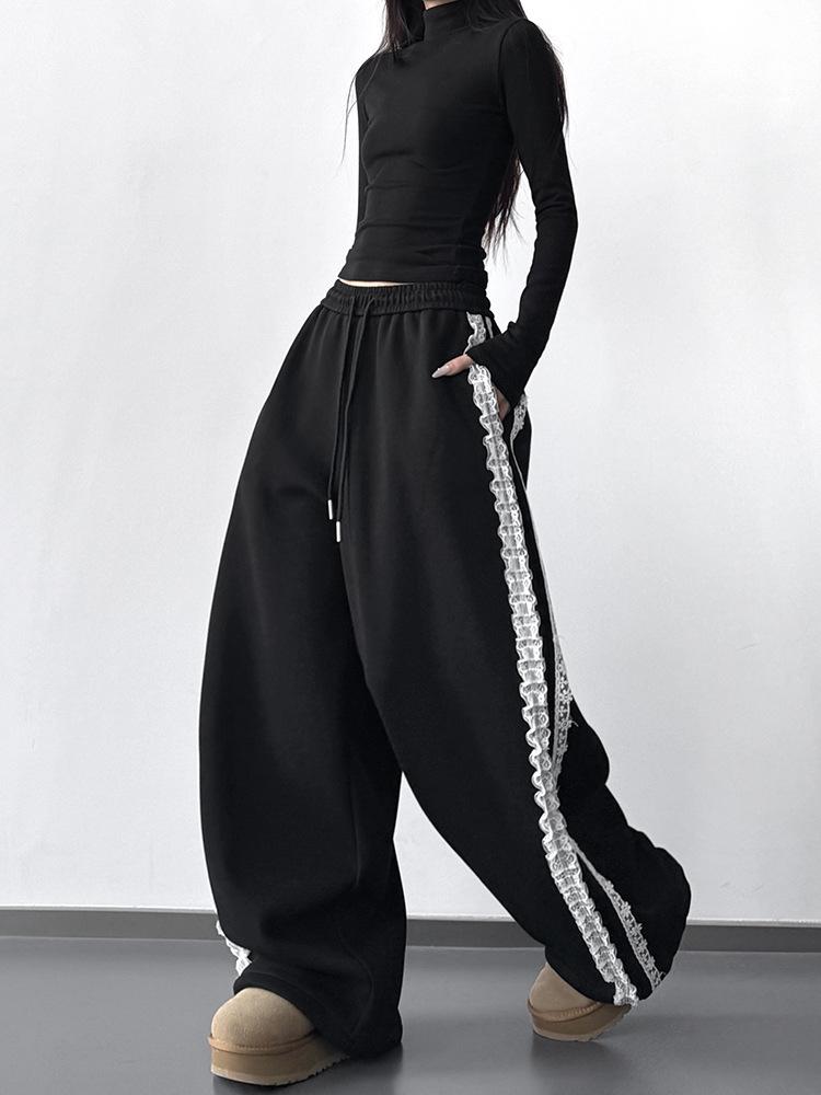 Damen Jogginghose 2025 Schwarz mit seitlicher Spitze - Elastischer Bund, Vielseitig Weiter Schnitt, Lässige Street Dance Hose