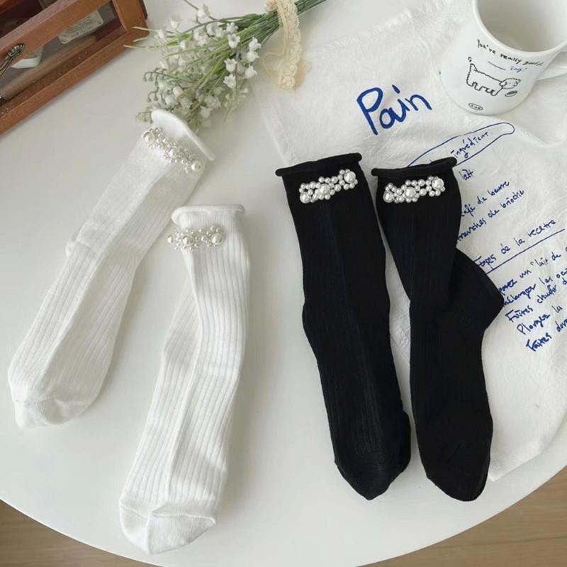 Pearls Crew Socks Sweet Roll Cuffs Ankle Dress Socks Japanese Cute Calf Socks