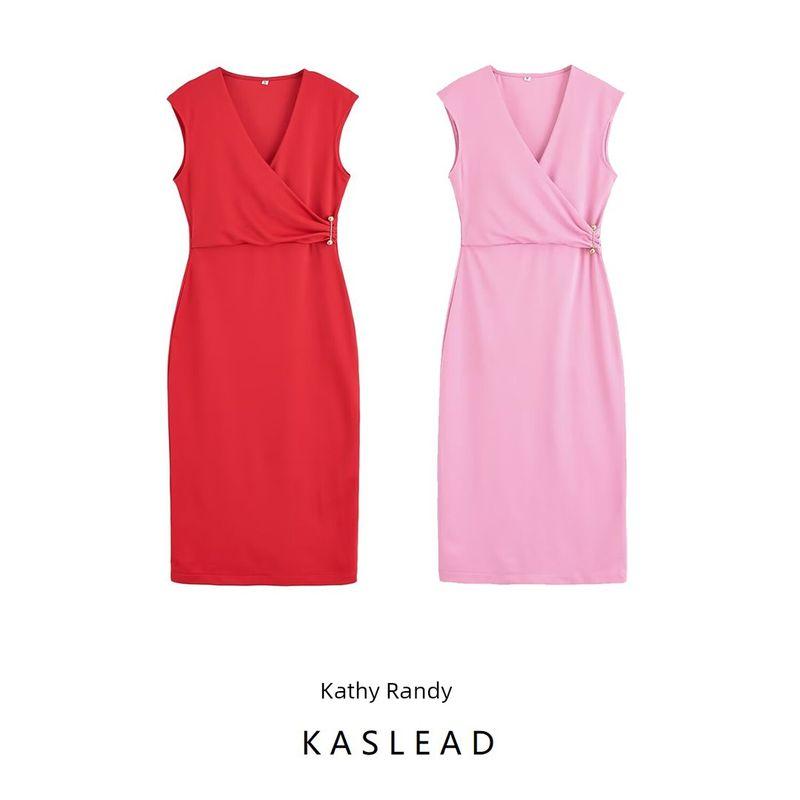 Kaslead New Women Clothes Western Style Fashion Pin Decoration V-neck Sleeveless Dress 3644181