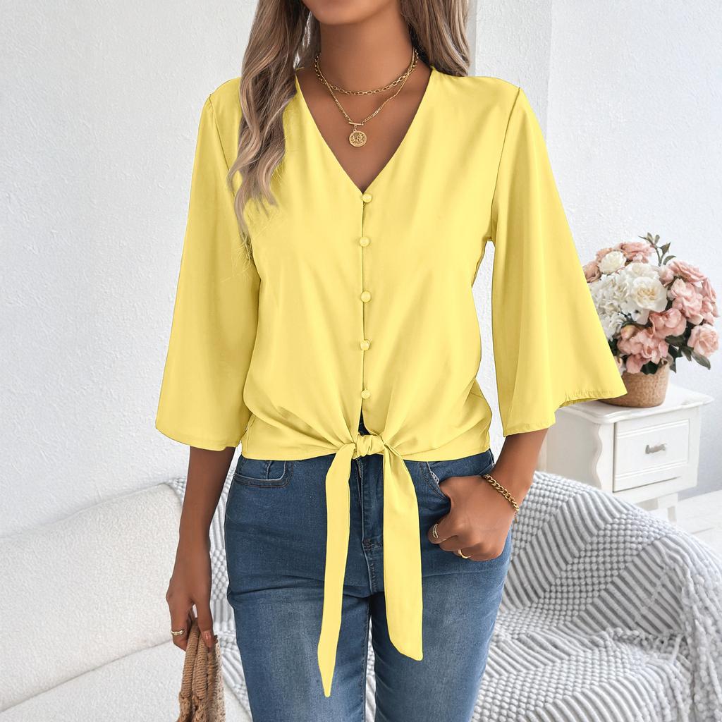 Women's Casual V-Neck Button-Down Three-Quarter Sleeve Knot-Detail Chiffon Blouse
