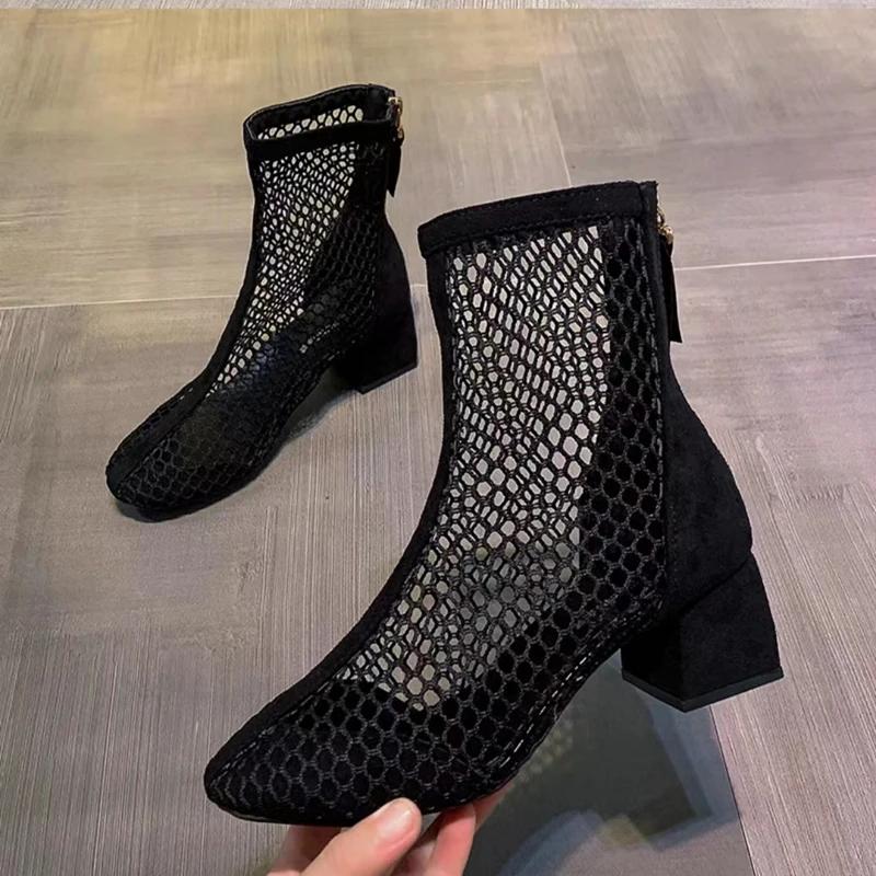 2025 Large Size New Fashionable Sports Sexy Mesh Hollow Boots Solid Color Square Thick Heel Summer Casual Sandals