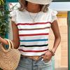 Nowa damska letnia casualowa koszulka w paski z koronkową dekoracją i falbankowymi rękawami