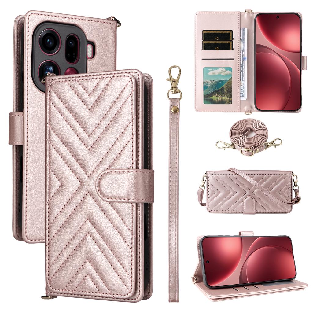 For Oppo Find X9 Pro 5G Leather Case Stand Wallet Phone Cover with Shoulder/Wrist Strap