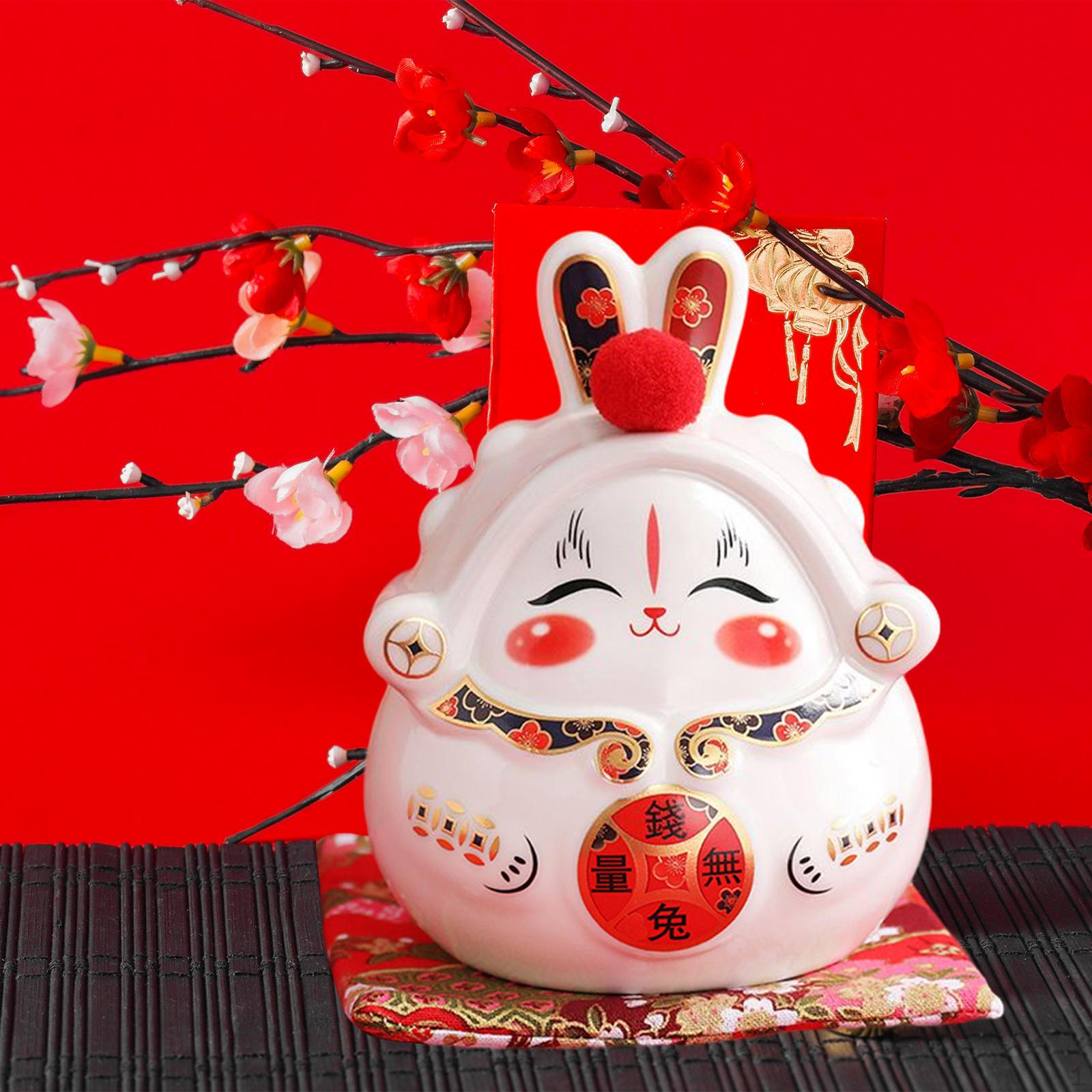 

Chinese Bunny Statue Piggy Bank Cute Animal Ceramic Money Saving Box Collectible Lovely for Year White