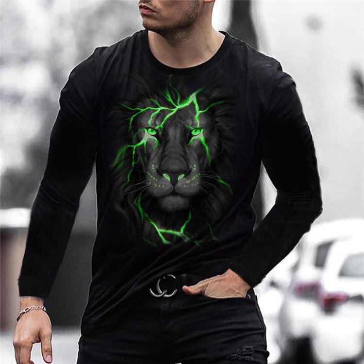 

Spring and Autumn Round Neck 3D Animal Pattern Printed Top Black T-shirts Fashionable Casual Long Sleeved Men s T-shirts 5XL